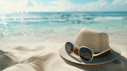 Wall Mural - Hat and Sunglasses on Sand Beach - Summer Travel Happy