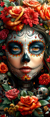 Wall Mural - A woman's face is covered in flowers and skulls, with a skull on the right side of her face