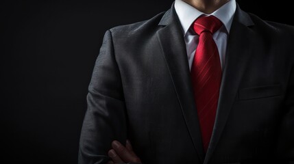 Wall Mural - Close-up of a man in a dark suit, white shirt, and vibrant red tie against a black background, suggesting a business theme