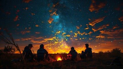 Wall Mural - Friends camping beneath a star-speckled night, its glow creating a dreamy bokeh effect.