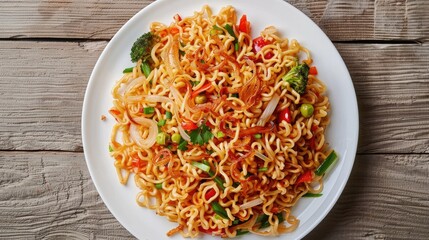 Wall Mural - Spicy fried instant noodles with vegetables and fried onions on a white plate seen from above on a wooden surface