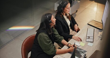 Poster - Happy people, call center and night with team for customer service, help or online advice at office. Young female person, consultants or agents working late for CRM, communication or telemarketing