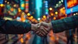 © Sang - A handshake sealed amidst a bustling trading floor, its flurry of activity blurred into a vibrant array of bokeh lights that cast an ethereal glow upon the scene.