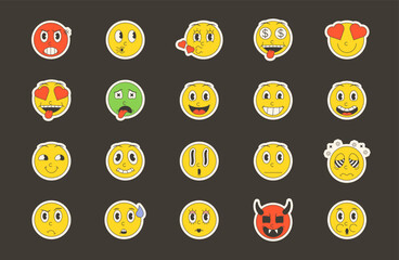 Retro cartoon emoticon face stickers. Vector outline icon smiley set. Vintage facial expression illustration collection