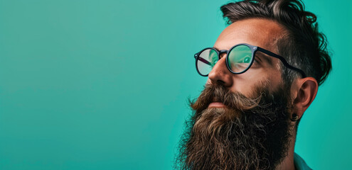 Bearded man with glasses on turquoise background with copy space. Modern grooming and style. World Beard Day promotion, exclusive event and sale.