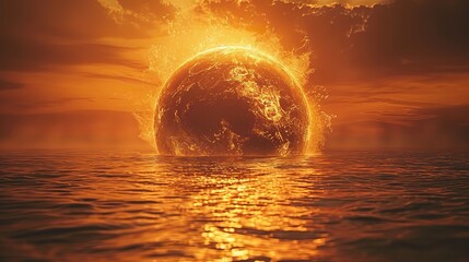 Wall Mural - A terrestrial globe, subjected to the Sun's relentless heat, depicts Europe engulfed in flames, a vivid illustration of the dire consequences of global warming and climate change.
