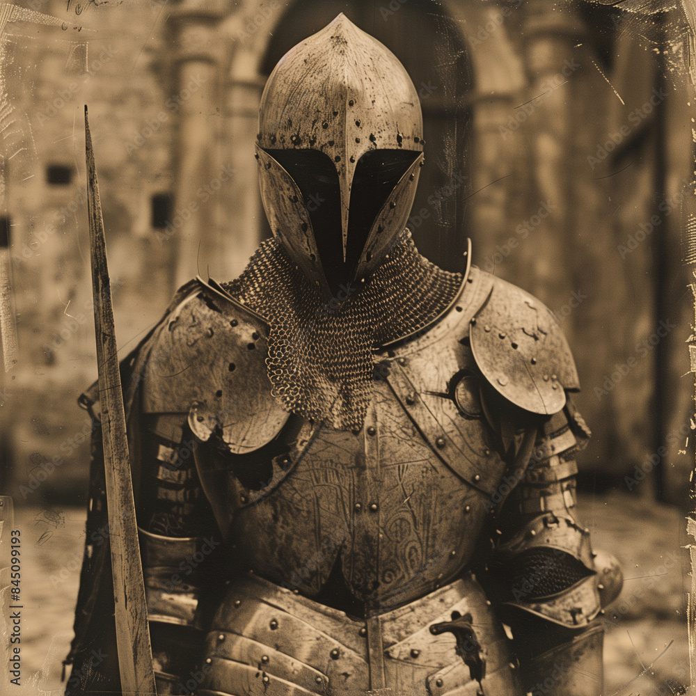 Medieval knight wearing full plate armor holding sword in ancient ...