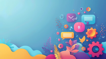 Colorful abstract illustration featuring social media elements with speech bubbles and gears on a gradient blue background.