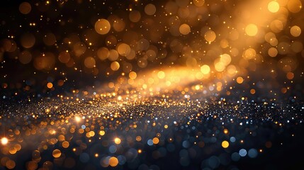 Festive Christmas and New Year background featuring a sparkling golden glitter overlay against a backdrop of ethereal, downward-streaming holy light.