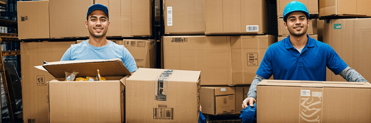 workers in a warehouse with shipping Boxes in background, 2 workers in a Import export trading business, Drop shipping workers 