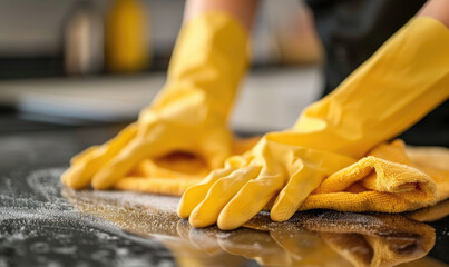 Cleaning lady wearing yellow gloves cleaning surface with microfiber cloth