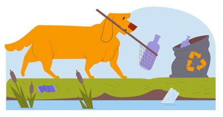 Dog cleans the nature from plastic