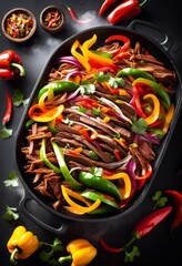 Wall Mural - steaming fajitas served sizzling hot plate tasty tex mex meal, beef, chicken, peppers, onions, skillet, mexican, grilled, lunch, dinner, food, sizzle