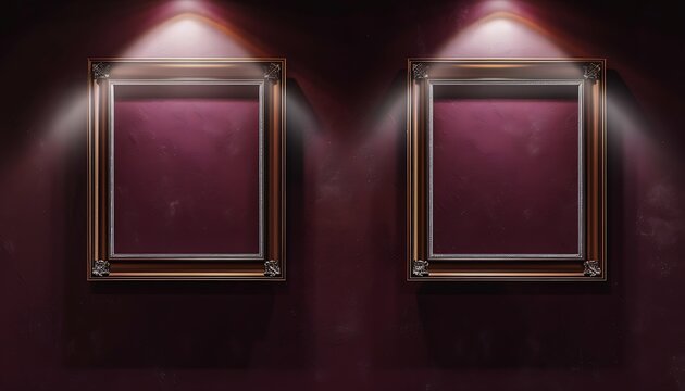 Two empty square frames side by side on a deep maroon wall, with soft spotlights highlighting their luxurious and rich appearance