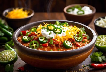 Wall Mural - steaming bowl spicy chili delicious toppings food lovers, hot, beans, meat, tomatoes, peppers, onions, cheese, sour, cream, cilantro, jalapeno, avocado