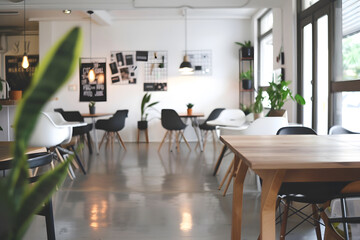 A large open room with a wooden table and chairs