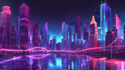 A hologram cityscape with neon lights and a bridge over a river