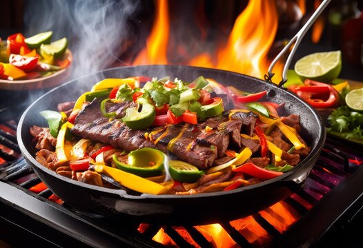 sizzling fajitas hot plate, mexican, cuisine, cooking, grill, steam, peppers, onions, meat, sizzle, aroma, appetizing, serving, restaurant, dish, lunch