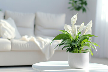 Wall Mural - white plant on a table in front of sofa and white floor couch.


