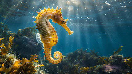 A Seahorse floating under water in the sea splashing, Fluorescent and colorful seahorse swimming in a reef, Generative AI 