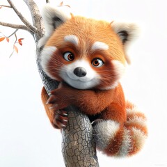 Cute red panda cub with big eyes, sitting on a tree branch, looking at the camera.