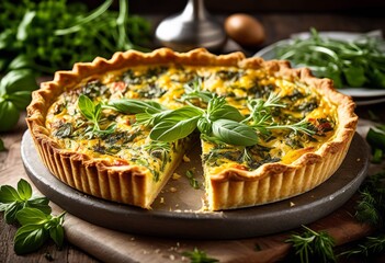 rustic quiche fresh traditional homemade pie aromatic garden seasonings, herbs, savory, baked, golden, crust, flaky, pastry, filling, eggs, cheese
