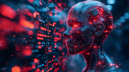 Wall Mural - Futuristic humanoid robot with illuminated circuitry staring at digital data interface in a high-tech environment. Concept of artificial intelligence and technology.