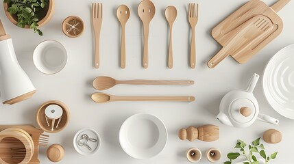 Wall Mural - Top view of kitchen white tableware and wooden utensils on a table, capturing the essence of an eco-friendly kitchen with minimalism in Scandinavian style, portrayed in high-definition realism