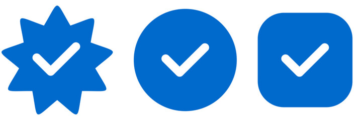 Blue check mark. Verified social media account icons. Approved profile sign. Tick in blue star, circle and rectangle. Top page, safety person vector illustration