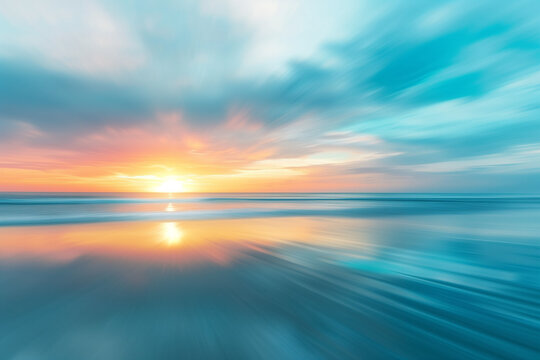 Abstract seascape. Idyllic tropical beach and beautiful cloudy sky. Blue, turquoise, and orange colors. Motion blur, water surface, reflection, line art


