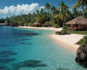  A paradise island in the sea surrounded by clear turquoise water. A tropical resort in the ocean. The beauty of nature.