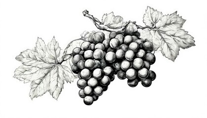 Grape branch hand drawing vintage style black and white clip art