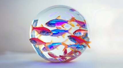 Wall Mural - Bright neon tetras in a spherical glass ball on white background.