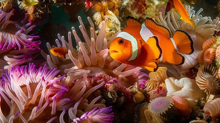 A close-up photograph of a colorful clownfish swimming amidst vibrant coral reefs in the tropical ocean