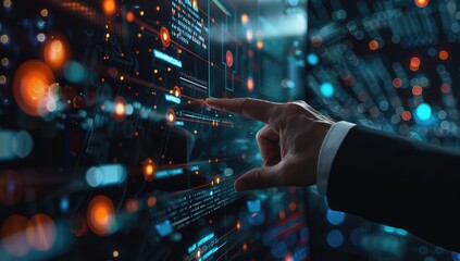 Fototapete - Man hand touching Global Internet connection. Financial and Digital link tech big data. AI Generated