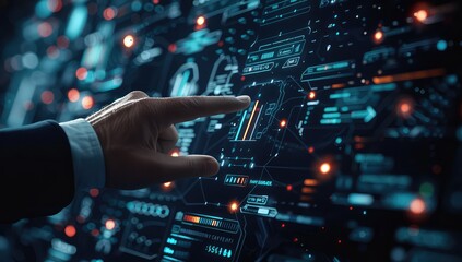 Fototapete - Man hand touching Global Internet connection. Financial and Digital link tech big data. AI Generated
