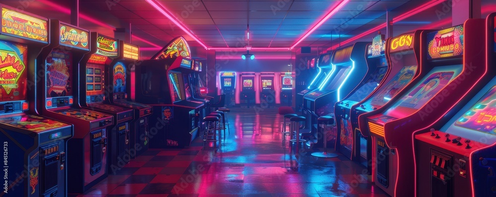 Retro arcade with vintage games and neon lights, nostalgic ...