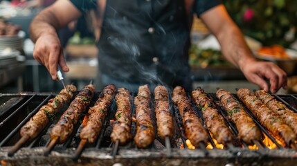 Vendor preparing traditional kebabs on a grill, flavorful and aromatic street food, popular market scene, copy space for text.