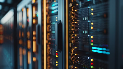 Poster - A row of computer servers with a yellow button on the front
