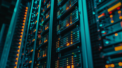 Poster - A row of computer servers with lights on