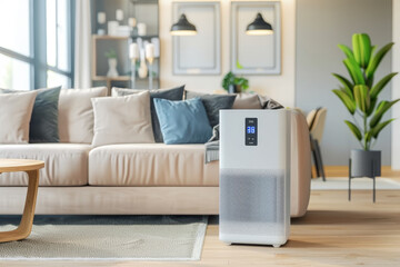 Canvas Print - A white air purifier sits on a wooden coffee table in a living room