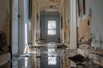 Wall Mural - A hallway with water damage and a door with a window