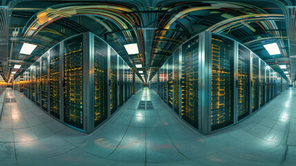 Poster - A 3D view of a large computer room with rows of servers