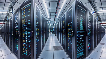 Poster - A computer server room with rows of servers