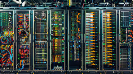 Poster - A row of computer servers with cables hanging out of them