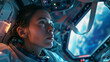 © Formoney - A woman in a space suit looking out the window of a spacecraft