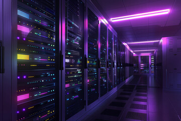 Poster - A computer server room with neon lights and a neon sign