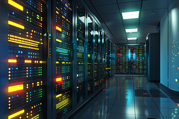 Poster - A computer server room with many computer servers