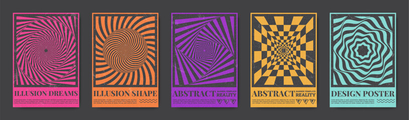 Aufkleber - Brutalist posters. Brand modern graphic shapes. Trend tech print with geometric artwork and typography. Optical illusion. Spiral hole. Checkered psychedelic design. Vector banners set