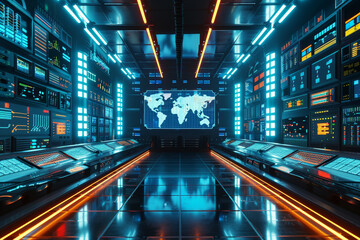 Poster - A futuristic room with a large screen showing a map of the world